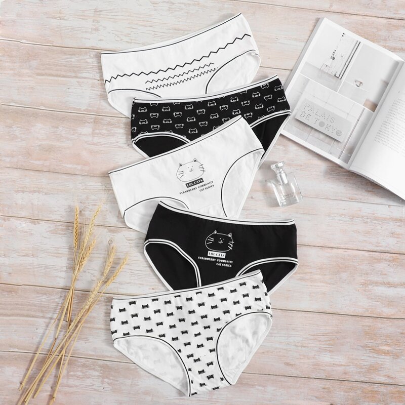 

5pack Cartoon Graphic Panty Set, Black and white