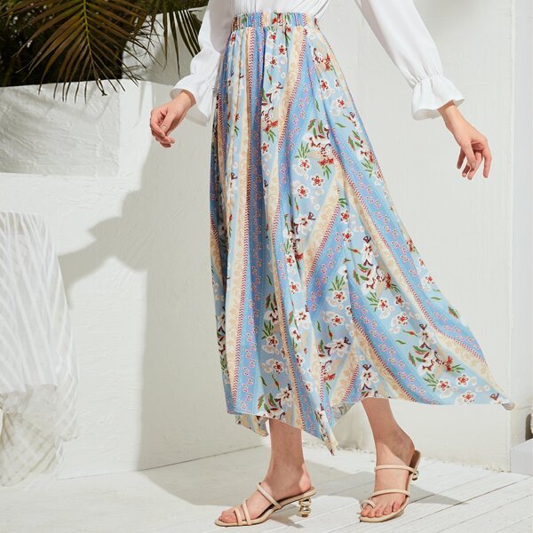 

Floral Print Hanky Hem Skirt, Multicolor