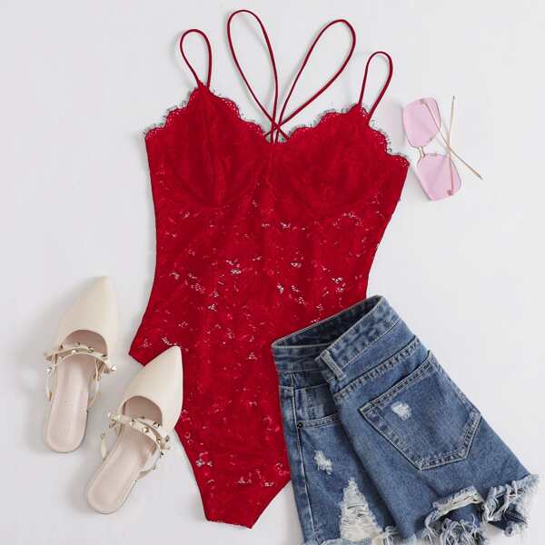 

Crisscross Back Lace Bodysuit, Red