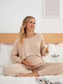 SHEIN Maternity Cable Knit Drop Shoulder Top With Trousers - Apricot - View 1