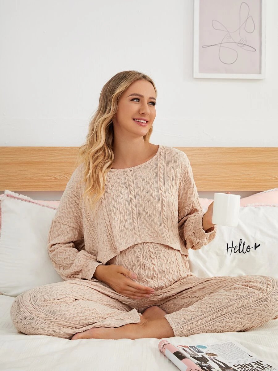 SHEIN Maternity Cable Knit Drop Shoulder Top With Trousers - Apricot - View 1