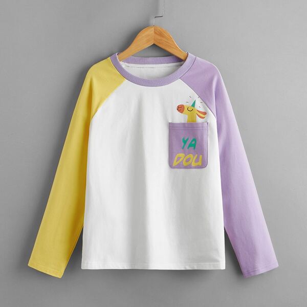

Girls Cartoon & Letter Graphic Colorblock Tee, White