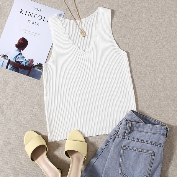

V Neck Rib-knit Tank Top, White