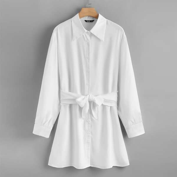 

Plus Button Front Tie Front Shirt Dress, White