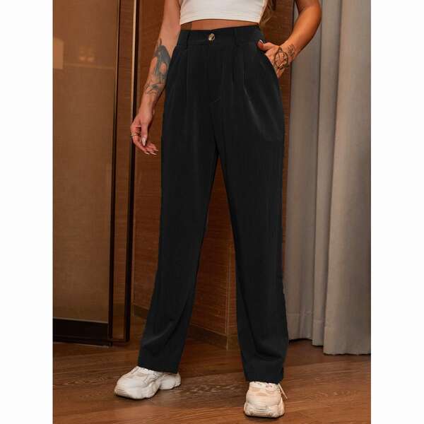 

Solid Straight Leg Slant Pocket Pants, Black