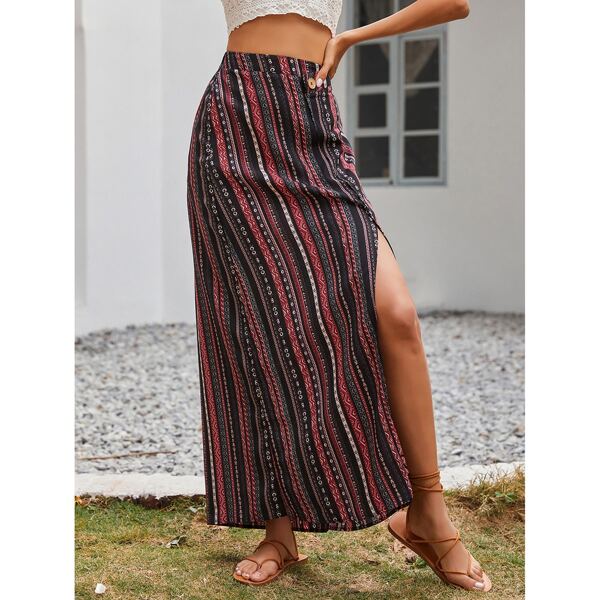 

Striped Geo Print Split Thigh Skirt, Multicolor
