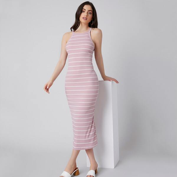 

Rib-knit Striped Bodycon Dress, Dusty pink