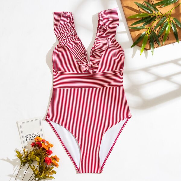 

Striped Ruffle One Piece Swimsuit, Red and white