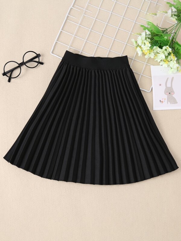 SHEIN Young Girl Solid Elastic Waist Pleated Skirt