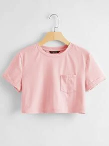 SHEIN EZwear 前口袋捲邊袖短版T恤 - 淺粉色 - 查看 1