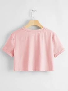 SHEIN EZwear 前口袋捲邊袖短版T恤 - 淺粉色 - 查看 2
