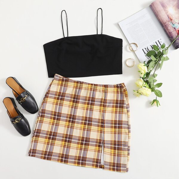 

Plus Solid Crop Cami Top & Tartan Skirt Set, Multicolor