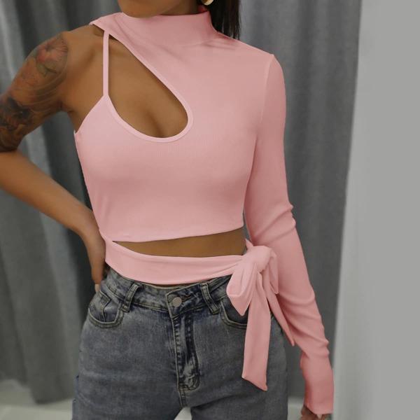 

Asymmetrical Neck Cut Out Tie Side Crop Top, Baby pink