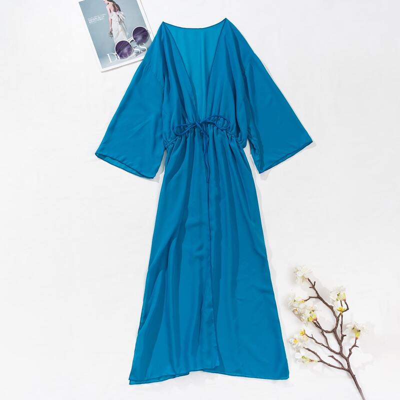 Drawstring Waist Chiffon Kimono, Blue
