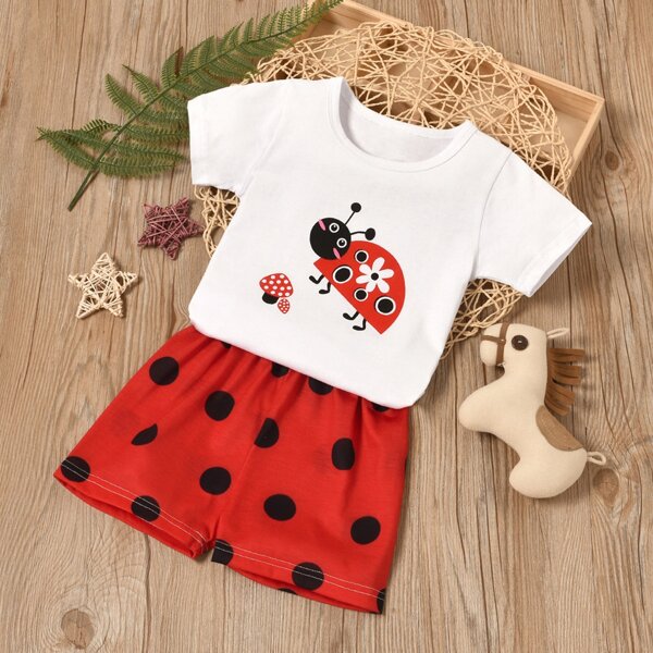

Baby Girl Insect Print Tee & Polka Dot Shorts, Red and white