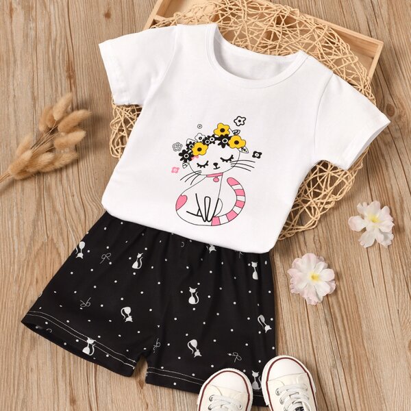 

Baby Girl Cat Print Tee & Polka Dot Shorts, Black and white