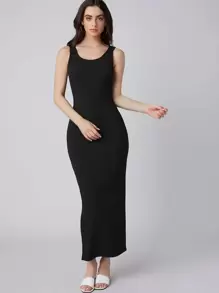 BizChic Vestido tank bajo con abertura tejido de canalé ropa de trabajo - Negro - Ver 1