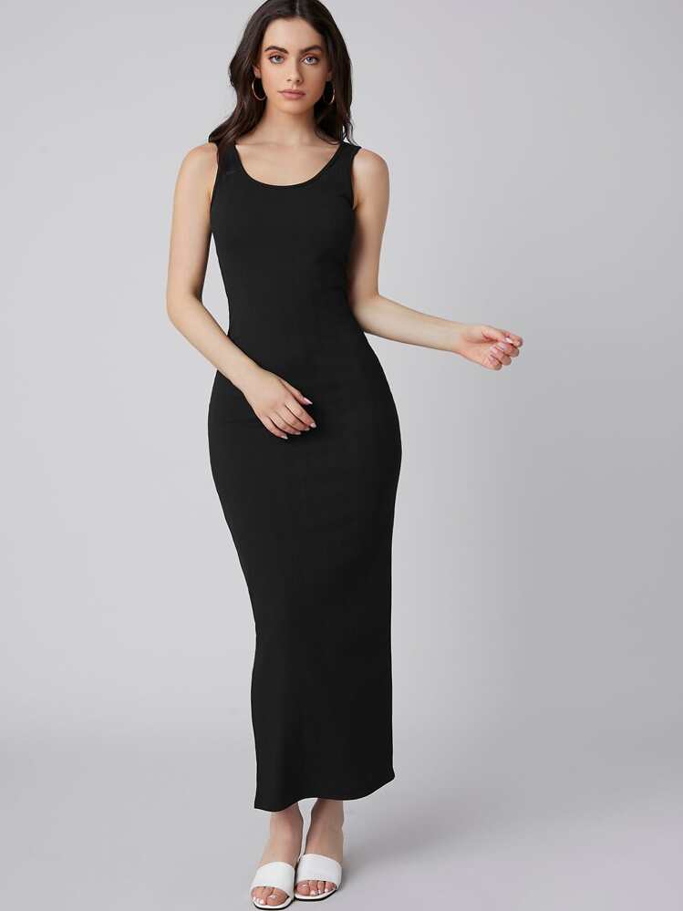 BizChic Split Hem Rib-knit Tank Dress Workwear - Black - View 1