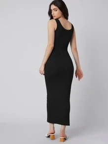 BizChic Vestido tank bajo con abertura tejido de canalé ropa de trabajo - Negro - Ver 2