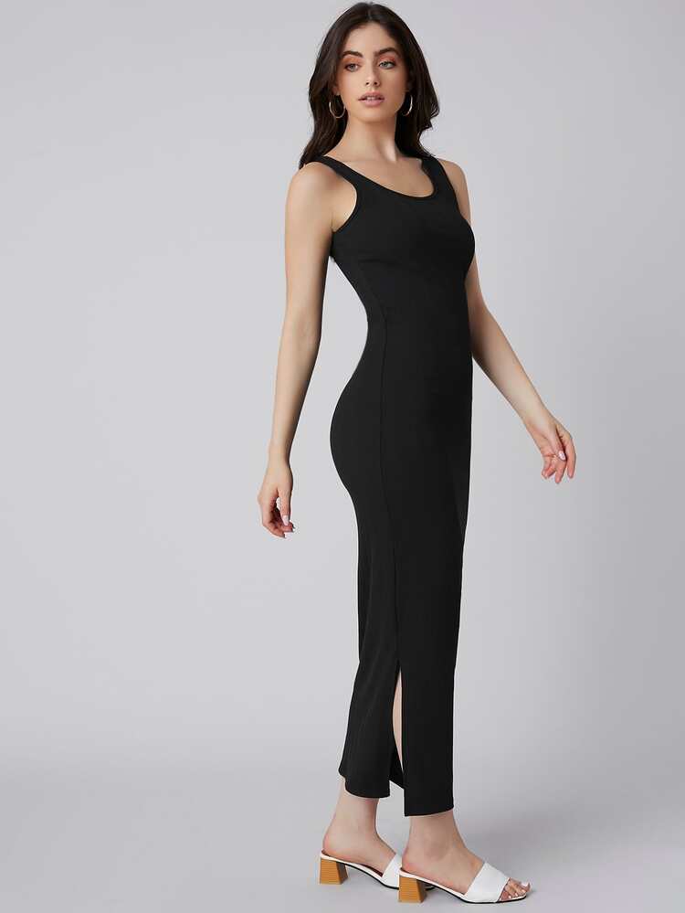 BizChic Split Hem Rib-knit Tank Dress Workwear - Black - View 5