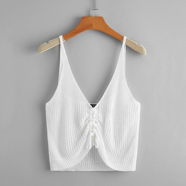 

Drawstring Front Crop Ribbed Knit Top, White