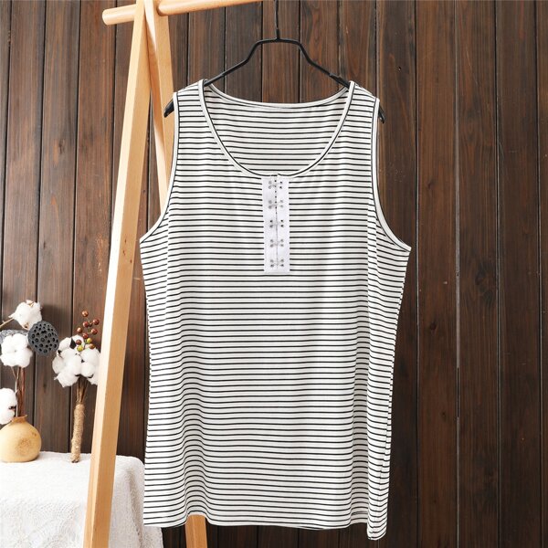 

Plus Striped Print Half Placket Tank Top, White