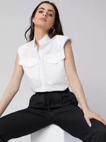 Seusyu Padded Shoulder Flap Pocket Solid Blouse - White - View 1
