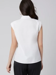 Seusyu Padded Shoulder Flap Pocket Solid Blouse - White - View 2