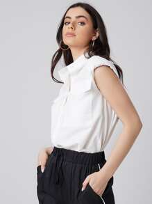 Seusyu Padded Shoulder Flap Pocket Solid Blouse - White - View 3