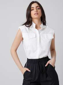 Seusyu Padded Shoulder Flap Pocket Solid Blouse - White - View 4