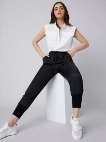 Seusyu Padded Shoulder Flap Pocket Solid Blouse - White - View 5