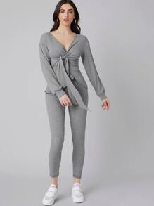 Seusyu Tie Front Rib-knit Top & Leggings Set - Light Grey - View 3