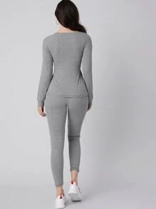 Seusyu Tie Front Rib-knit Top & Leggings Set - Light Grey - View 2