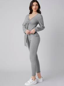 Seusyu Tie Front Rib-knit Top & Leggings Set - Light Grey - View 1