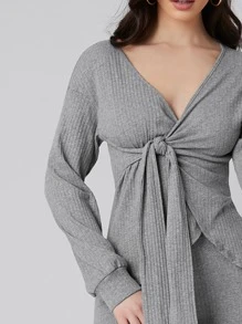Seusyu Tie Front Rib-knit Top & Leggings Set - Light Grey - View 4