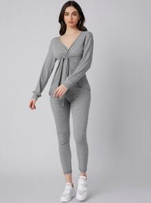 Seusyu Tie Front Rib-knit Top & Leggings Set - Light Grey - View 5