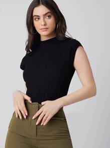 Mulvari Áo thun Gân đan màu trơn Giải trí - màu đen - Xem 1