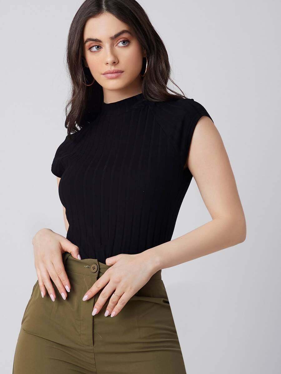 Mulvari Áo thun Gân đan màu trơn Giải trí - màu đen - Xem 1