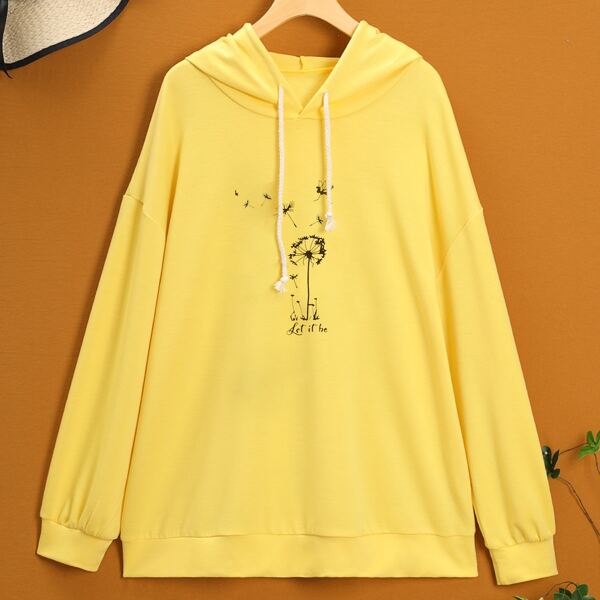 

Plus Dandelion Print Drawstring Hoodie, Yellow