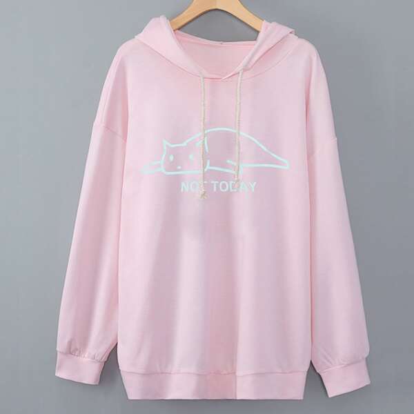 

Plus Cartoon Graphic Drawstring Hoodie, Baby pink