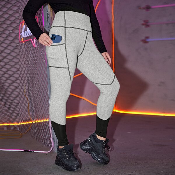 

Plus Wide Waistband Contrast Stitch Phone Pocket Leggings, Light grey