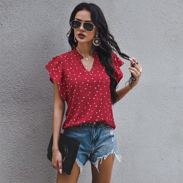 

Notched Heart Print Ruffle Trim Blouse, Burgundy