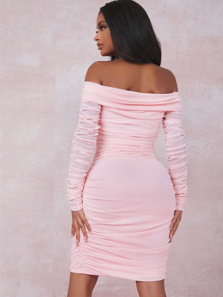 SHEIN SXY Off Shoulder Ruched Mesh Bodycon Dress - Baby Pink - View 2