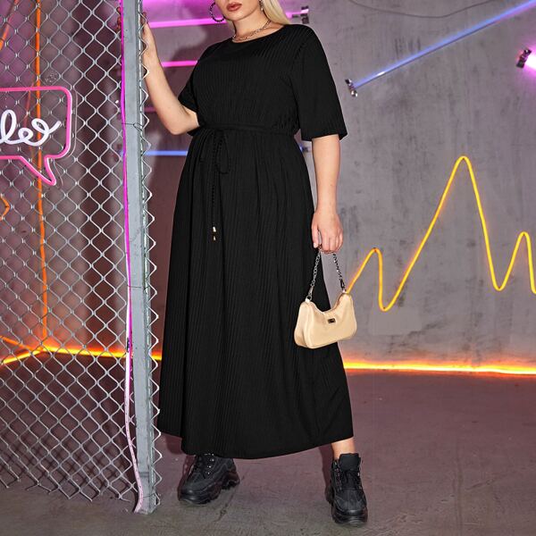 

Plus Rib-knit Belted Dress, Black