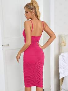 Solid Ruched Bodycon Cami Dress - Hot Pink - View 2