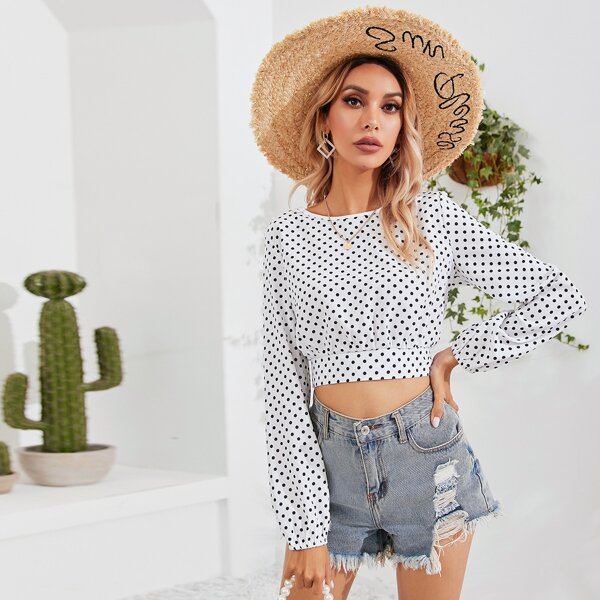

Split Tie Back Polka Dot Crop Top, White