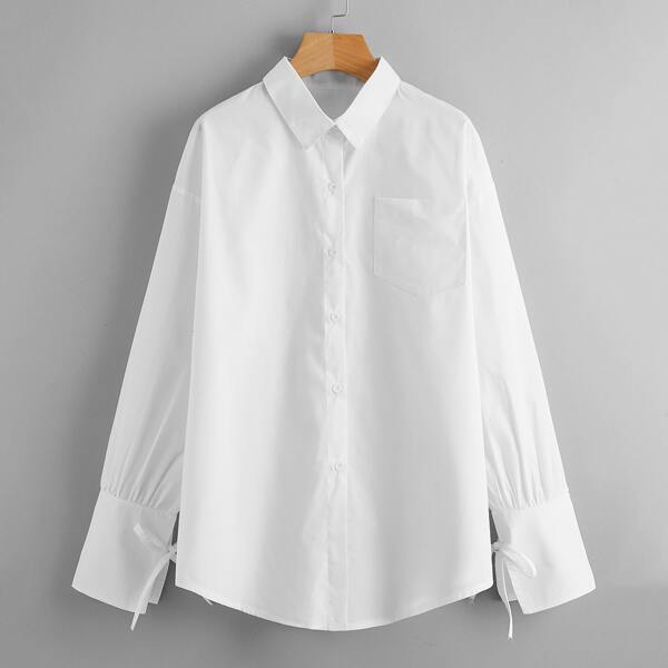 

Drop Shoulder Tie Cuff Tunic Blouse, White