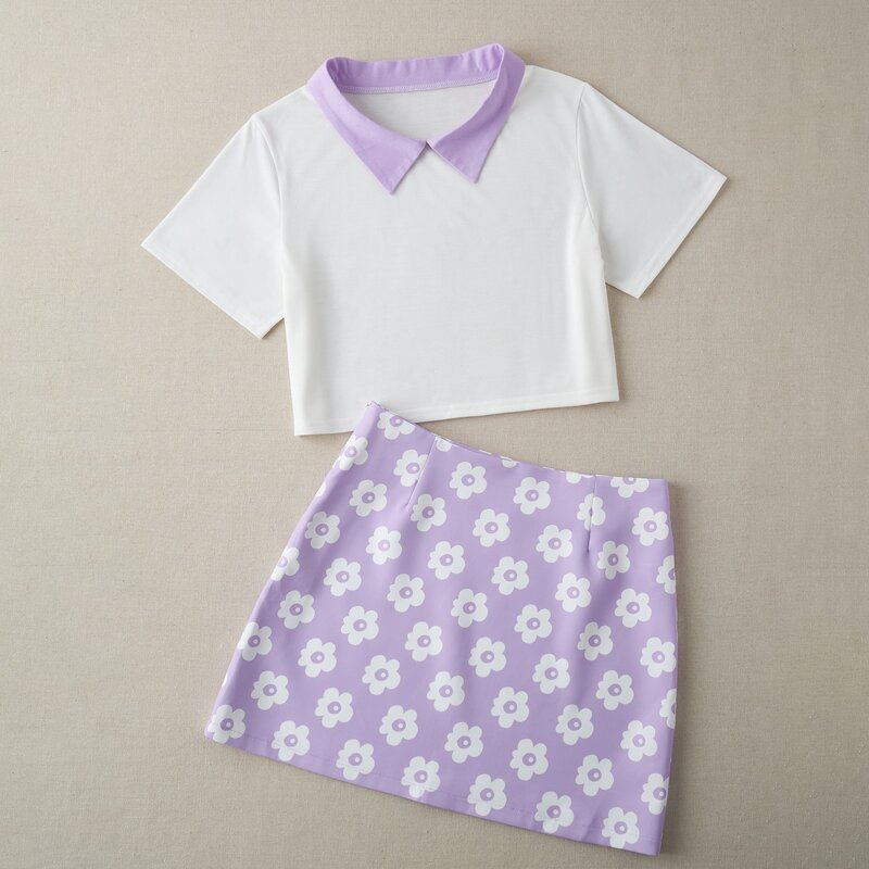 

Contrast Collar Tee & Floral Skirt, Multicolor