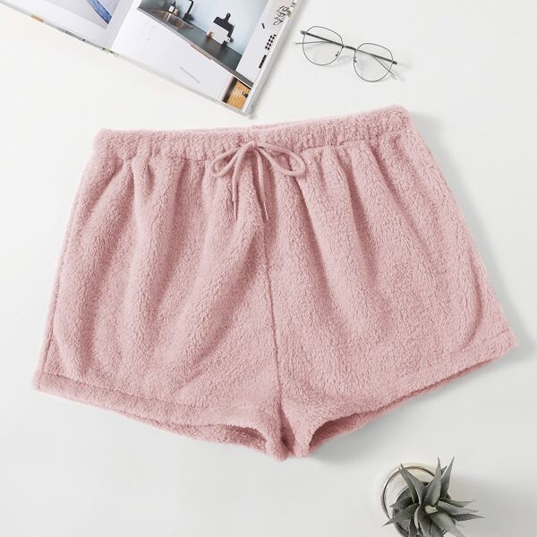 

Plus Drawstring Waist Flannel Sleep Shorts, Dusty pink