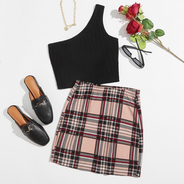 

Plus One Shoulder Top & Plaid Skirt Set, Multicolor